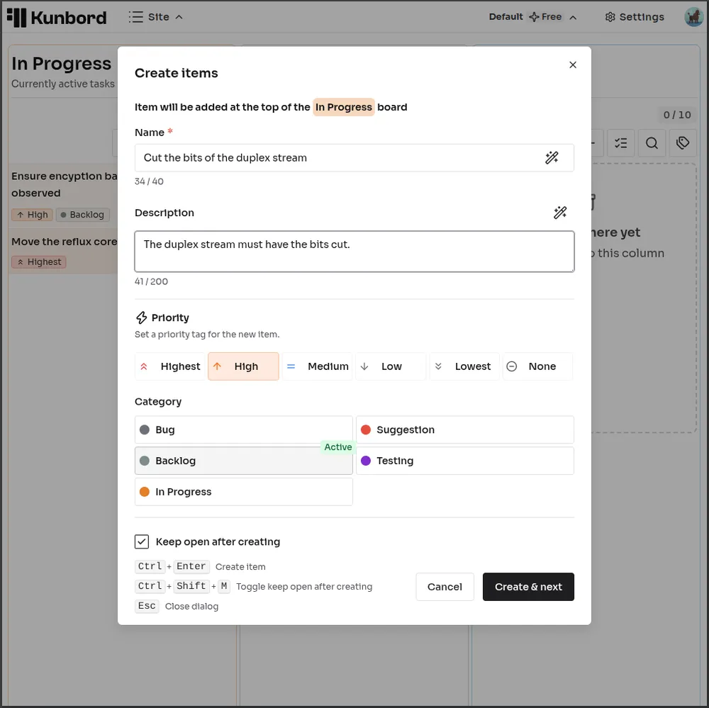 Kunbord create-item overlay with a title field and optional details for a new board card.