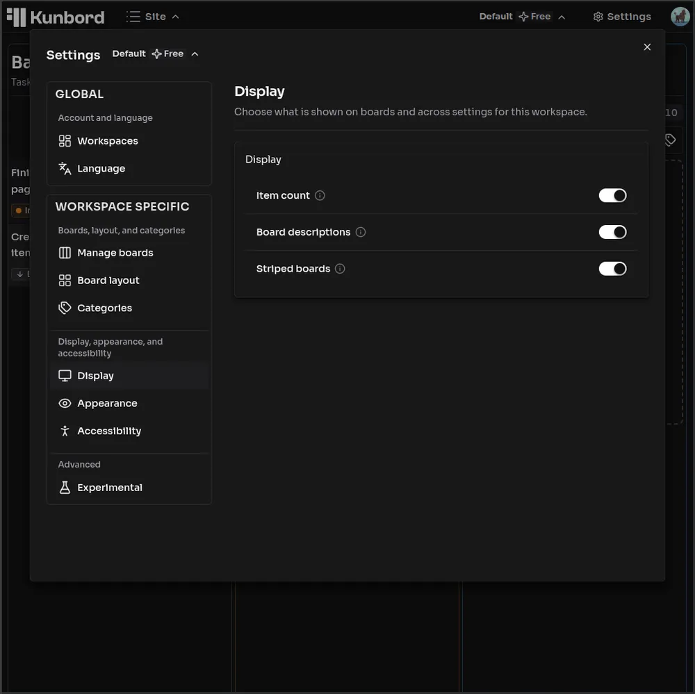 Kunbord display settings menu for board layout, card density, and column wrapping.